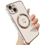 ZTOFERA Magnetic Case for iPhone 15, [Compatible with MagSafe] Flexible Soft Silicone Protective Phone Case with Cute Love Heart Pattern Golden Rim Shockproof Bumper Cover, White