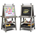 HONEY JOY Kids Art Easel, 3-in-1 Double-Sided Wooden Storage Toddler Easel w/Magnetic White Board & Chalkboard, Paper Roll, Painting Dry Erase, Easel for Kids Boys Girls Aged 3+ (Gray)