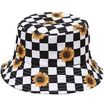 Malaxlx Trendy Checkered Sunflower Print Bucket Hat Beach Sun Hat Casual Fishing Hat for Women Men Teens Girls