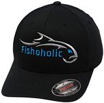 Fishoholic Baseball Flexfit Fishing Hat Silver Blue Logo on Front and Bend Your Rod on Back. Fishaholic Registered Trademark. Fly Fish for Bass Trout in Fresh or Saltwater. (FF-Silver-Blue L/XL)