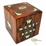 MITRIA TRADERS Wooden Money Bank - Big Size Master Size Large Piggy Bank Wooden for Kids and Adults (Brown) 6 x 6 INCH