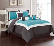 7 Piece Oversize AQUA BLUE / GREY / WHITE Color Block "Emma" Comforter set 106" X 94" California King Size Bedding