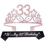 33rd Birthday Gifts for Women, 33rd Birthday Tiara and Sash pink, 33 & Fabulous Glitter Satin Sash and Crystal Tiara