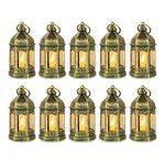 10pcs Mini Lanterns Decorative for Centerpiece: Romadedi Hanging Small Gold Lantern Bulk with Flickering LED Candles for Halloween Decorations, Wedding Decor, Christmas Table, Batteries Included