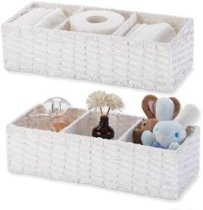 Vagusicc 3-Section Wicker Baskets for Shelves, Hand-Woven Paper Rope Wicker Storage Basket, Toilet Paper Basket for Toilet Tank Top, Baskets for Organizing, 2-Pack, White