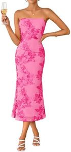 ZESICA Women's Summer Strapless Floral Midi Dress 2026 Bodycon Mesh Tube Wedding Guest Cocktail Party Formal Dresses Rose X-Small