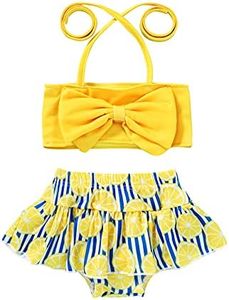 JEELLIGULAR Toddler Baby Girl Swimwear Bowknot Stripe Swimsuit Bathing Suit 2Pcs Bikini Set Outfits Summer (4-5T, Lemon)