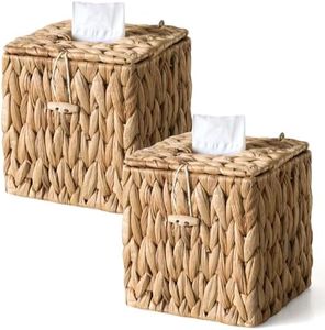 2 Pack Rattan Tissue Box Cover with Lid, Wicker Tissue Box Holder Square, Hand Woven Cube Tissue Box Cover Tissue Holder for Bathroom Living Room Kitchen Office, Natural