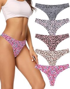 voenxe Seamless Thongs for Women No Show Thong Underwear Women 5-10 Pack (G-5 Pack Leopard Print, X-Large)
