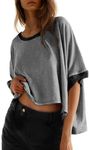 Dokotoo Summer Short Sleeve Shirts for Women Crewneck Color Block Plus Size Tops for Women 2024 Fashion Trendy Cute Tops Casual Ladies Tops and Blouses Gray