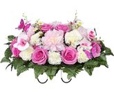 MUVIC Silk Cemetery Flowers，Headstone Flower Saddle for Grave,Long-Lasting Bright Color, Graveyard Decoration-Rose Hibiscus Daisy Carnation