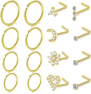 D.Bella 20G Nose Rings for Women Stainless Steel Nose Ring 20 Gauge Nose Rings Hoops Studs Flower Heart Diamond L Shaped Nose Studs Nostril Nose Piercing Jewelry for Women Men