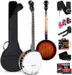 Pyle Banjo Kit with Remo Head and Sapele Resonator, 39" Full Size Traditional Open or Closed Back 5 String Instrument with 24 Brackets, Geared 5th Tuner, Premium Accessory Kit (Red Burst)