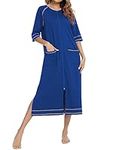 Yvipette Womens Zipper Front 3/4 Sleeves Robe Loungewear Full Length Sleepwear with Pockets Bathrobe House Coat Nightgown, Blue, Medium