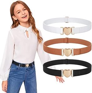 JASGOOD 3 Pack Elastic Belts for Toddler Kids Adjustable Boys Girls Teens Stretch Belts with Heart Buckle for Jeans Pants Dress, Black+Brown+White, Suit Waist Size 17''-30''