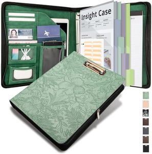 KLLVE Clipboard with Storage for Men Women, Leather Padfolio Portfolio with Zipper, 1 Inch 3 Ring Binder 5 Dividers, Notepad for Letter Size, Elastic Closure and Pen Loop, Card Slot,Green