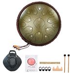 BQKOZFIN 14 Inch Steel Tongue Drum 15 Notes Hand Drum Percussion Instrument Tank Drum Set with Drum Mallets, Mallet stand, Carry Bag, Tutorial Book, Note Stickers, Finger Cots (Bronze)