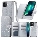 Varikke for iPhone 13 Pro Case Wallet, iPhone 13 Pro Case for Women with Card Holder & Magnetic Detachable Cover & Kickstand Strap Glitter PU Leather Flip Wallet Case for iPhone 13 Pro 6.1", Silver