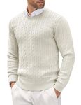 COOFANDY Men's Crew Neck Jumper Lightweight Cable Knitted Sweater Casual Winter Jumper White L