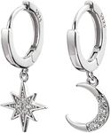 IWYKT Moon Star Dangle Small Hoop Earrings Sparkling Moon and Star Asymmetrical Dangle Hoop Earrings for Women, Girls