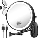 30X/1X Wall Mounted Lighted Makeup Mirror, 9'' Height Adjustable Double Sided 5000mAh Rechargeable Magnifying Bathroom Mirror with Light, 3 Color Modes Touch Dimmable Extended Arm 360 Rotation