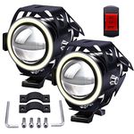 Biqing Motorcycle Headlights LED Spotlights Fog Lights with White Angel Eye Ring U7 High Low Beam Strobe with Toggle Switch 15W 3000LM 6000K Waterproof for Motorbike Bike Bicycle Car Boat Truck