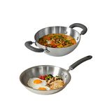 Meyer Trivantage Nickel Free Stainless Steel 3 Piece Cookware Set | Triply Cookware Set with Heavy Bottom | Induction base cookware set - 24cm Frying Pan + Kadai with Interchangeable Lid, Silver