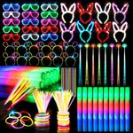 163 PCs Glow Party Supplies, 12 Foam Glow Sticks, 15 LED Glasses,8 Bunny Ear Headband ,100 Glow Sticks & 12 Glow sticks headband 12 Fiber Optic Hair Light，Glow Neon Party Favors for Wedding, Concert