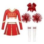 inlzdz Girls Cheer Leader Costume High School Cheerleading Uniform Long Sleeve Crop Top and Pleated Skirt Set B Red 7-8 Years