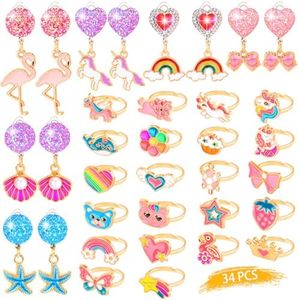Adjustable Kids Jewelry for Girls in Box, No Duplication Clip on Earrings, Pretend and Dress Up Jewelry for Toddler Age 3-4, Princess Party Favors, Birthday Gifts for 3 4 5 6 7 8 9 Year Old Girls