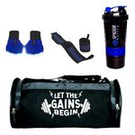 Hang It Gym Bag Combo for Men ll Gym Bag with Shoe Compartment and, Black Bottle, Black Wristband, Black Gloves ll Gym kit for Men and Women ll Gym Bag & Fitness Kit & Gym Bag Combo (Blue)