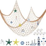 Decorative Fishnet Nautical Fishing Net Wall Hanging Decor, 8 Pieces Starfish, Sailboat, Lighthouse, Life Ring, Rudder, with Transparent Hook for Mermaid Mediterranean Party (Creamy White)