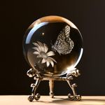 IFOLAINA 3D Butterfly Crystal Ball 60mm Gifts Ideas for Girlfriend Wife Mom Couple Her Butterfly on Sunflower in Glass Ball with Stand Butterfly Sphere Novelty Home Decor