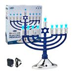 Traditional Large Blue LED Menorah Low Voltage Hanukkah Menorah - Blue & White Holiday Bulbs - Battery or USB Powered - Includes a Wall Plug Cable - Jewish Chanukah Homes, Offices and Dorm Rooms!