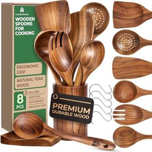 Wooden Utensil Set 8 Pcs – Sturdy & Easy to Clean, Natural Teak Wooden Spoons for Cooking – Non-Scratch Cooking Utensils with Spatula, Turner, Ladle, Spoons, Holder, Spoon Rest, 6 Hooks Kitchen Gifts