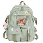 HORHEAR Kawaii Backpack for School, Cute Backpack with Kawaii Accessories Cartoon Brooch Pins and Stuffed Animal Pendant (Style 2 - Light Green)