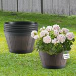 YI Barrel Planters Plant Pot Set of 4 Pack 15 Inch,Durable Plastic Flowerpot Mimics The Design of Wooden Whiskey Barrels,for Indoor & Outdoor Home Plants Essential for Home Gardening.