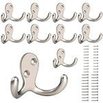 Coat Hooks, 10 Pack Heavy Duty Double Prong Wall Mounted Robe Hooks with Screws, Coat Hanger Hooks for Hanging Coat, Hat,Towel,Scarf, Bag, Key, Cap, Cup (Silver)