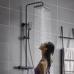 CASAINC Thermostatic Rain Shower Faucet Set 11.4" x 7.5" Rectangle Rainfall Shower Head with 3 Spray Modes Hand Shower, Wall Mount Water-saving Shower System, 2-Way Diverter (Matte Black)