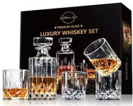 LIGHTEN LIFE 5 Piece Whiskey Decanter Sets,Non-Lead Whiskey Decanter with 4 Glasses in Gift Box,Crystal Bourbon Decanter Set,Scotch Decanter Set with Glasses,Whiskey Decanter Sets for Men,Dad