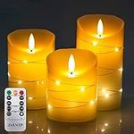 DETIAN LED flameless Candle, with Embedded Fairy String Lights, 3-Piece LED Candle, with 10-Key Remote Control, 24-Hour Timer Function, Dancing Flame, Real Wax, Battery-Powered. (Ivory White)