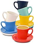 Espresso Cup and Saucer Set of 6 - Colourful Ceramic 70ml / 2.36oz - Stackable Design - Keeps Warm for a Long time - Gift Box