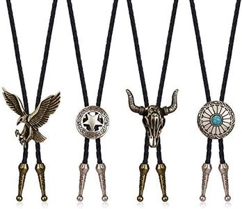 Thunaraz 4Pcs Bolo Tie for Men Western Leather Necktie Cow Skull Bolo Tie Halloween Costume Accessories Necktie Men Women, metal, cubic-zirconia