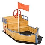 Outsunny Kids Wooden Sandbox Pirate Ship Sandboat Outdoor Backyard Playset Children Play Station w/Bench Seat Storage Space & Flag for 3-6 Years Old