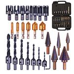 Rocaris 28 Pack Woodworking Chamfer Drilling Tools with a Case, Rocaris Including 6 Countersink, 5 Metric Step Drill Bit, 7 Counter Sinker Drill Bit Set with L-Wrench, 8 Wood Plug Cutter