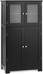 Giantex Bathroom Storage Cabinet, Kitchen Pantry Cabinet w/Tempered Glass Doors & Adjustable Shelf, Freestanding Wooden Floor Cabinet w/Anti-toppling Device for Dining Room & Living Room (Black)