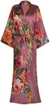 Mignon Cromwell Womens Silk Kimono Robe Long Floral Bridesmaids Robe Satin Wedding Party Bridal Robe Dressing Gown Loungewear, Purple