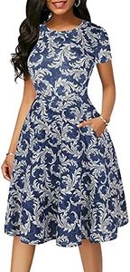 oxiuly Women's Elegant O-Neck Floral Casual Pockets Tunic Party Cocktail Stretchy Swing Summer Dress OX262 (XXL, Blue)