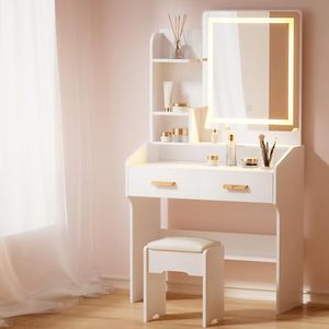 Artiss Dressing Table, LED Mirror Makeup Stool Set Wooden Vanity Desk Chair, Home Bedroom Furniture Girls Kids Women Organisers, Drawers Shelves Wide Tabletop White