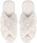 Jiuguva Bride Slippers Pearl Embellished Women's Fuzzy Slippers Soft Plush Furry Bridesmaid Slippers for Wedding Bachelorette (White,5-6)